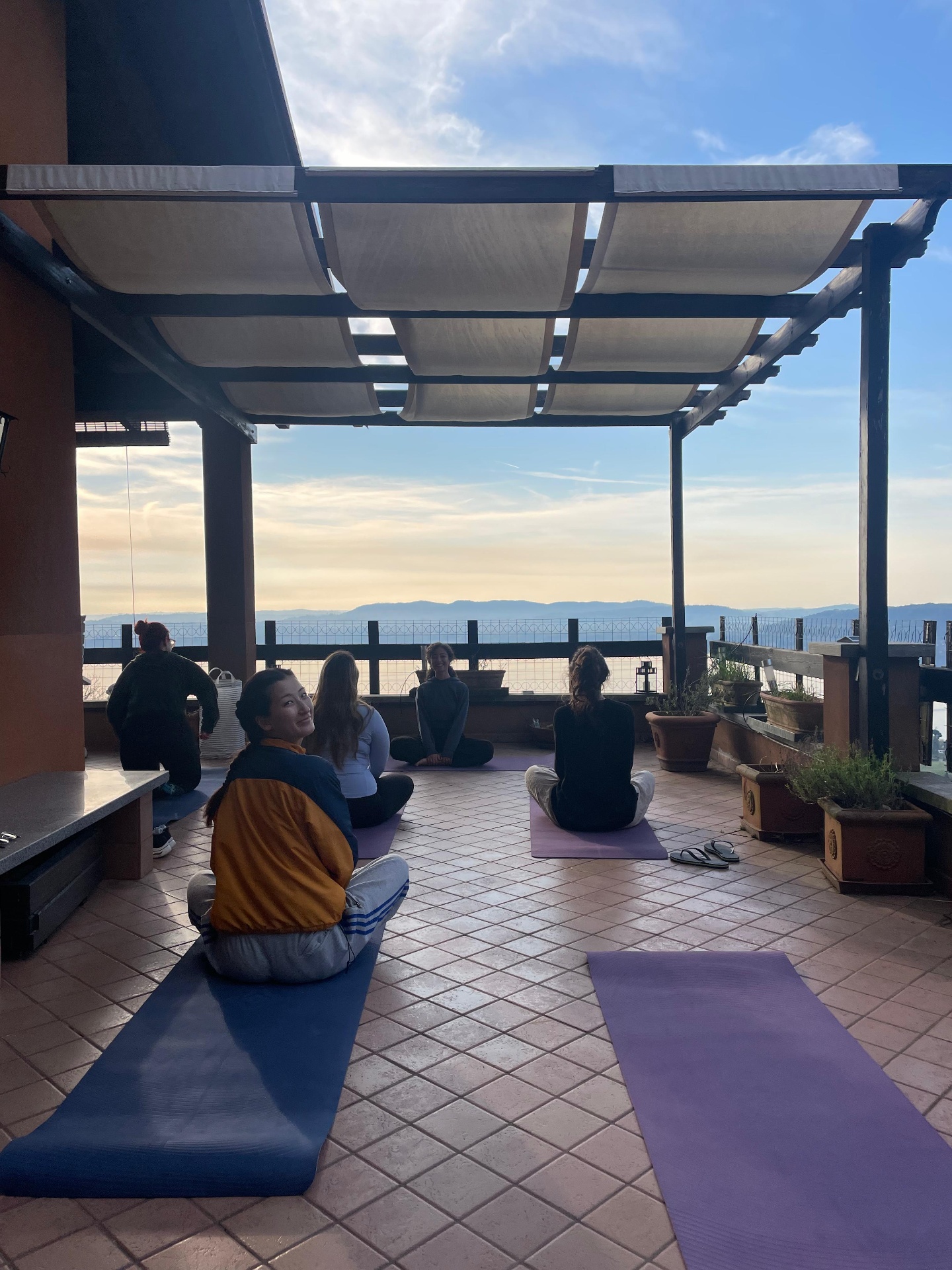 Morning practice on a sunlit terrace